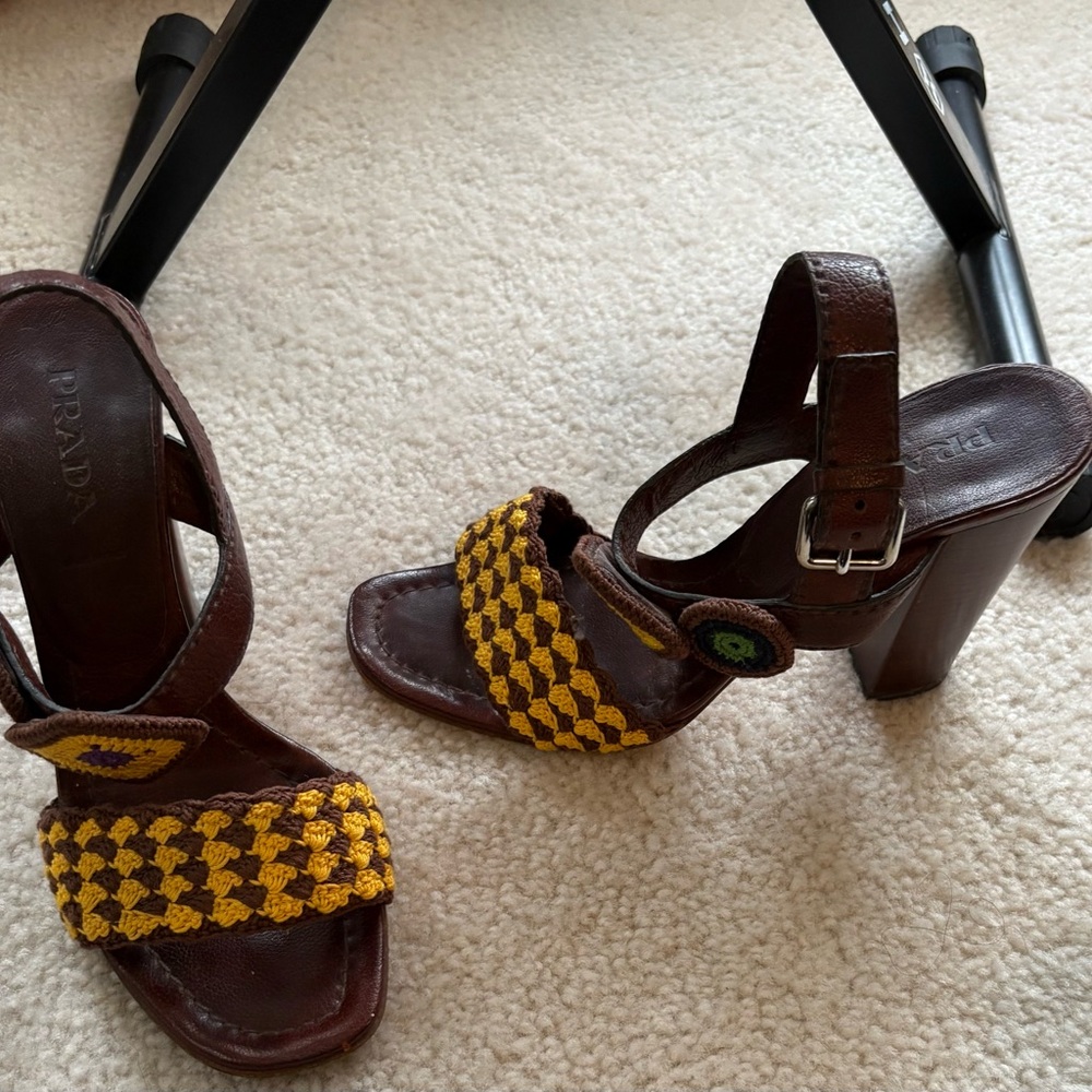 Prada Brown Leather Block Heel Sandals with Yellow Crochet Strap